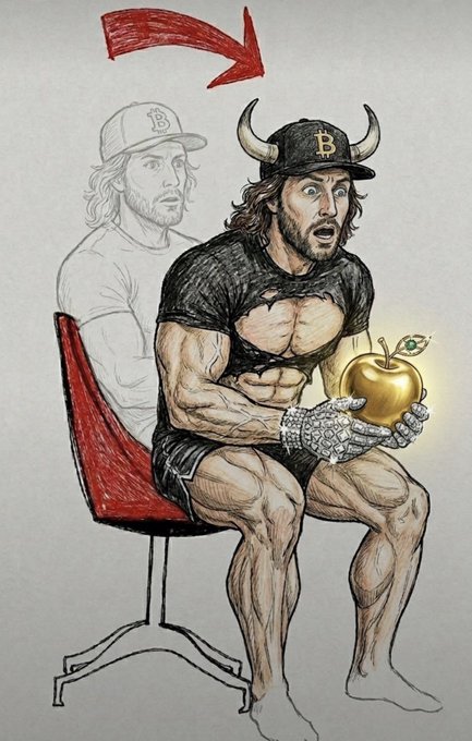 A muscular man wearing a horned "B" cap sits in a chair holding a glowing golden apple, while a sketched, ordinary version of himself looks on with a red arrow pointing toward the transformed figure. The image illustrates the post's message about "long TBB" with "strong hands," symbolizing a transformation into a powerful, diamond-handed investor holding onto a valuable asset.