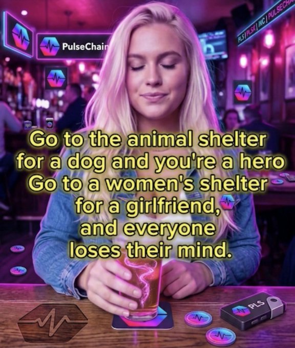 A meme-style image shows a woman at a bar with PulseChain logos in the background, with text reading "Go to the animal shelter for a dog and you're a hero. Go to a women's shelter for a girlfriend, and everyone loses their mind."
