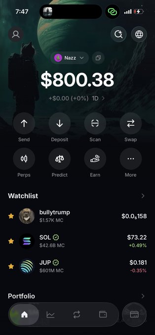 A screenshot of a crypto wallet app showing a balance of $800.38 for user 'Nazz', with watchlist entries including 'bullytrump', 'SOL' at $73.22, and 'JUP' at $0.181.