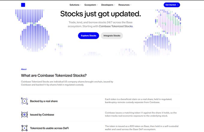 Screenshot of a Coinbase webpage with the headline 'Stocks just got updated' promoting the ability to trade, lend, and borrow tokenized stocks 24/7 on the Base ecosystem, featuring buttons for 'Explore Stocks' and 'Integrate Stocks.'