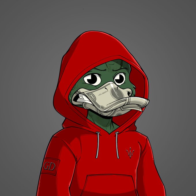 A digital illustration of an anthropomorphic green frog character wearing a red hoodie with a 'GD' patch, holding a stack of money in its mouth.