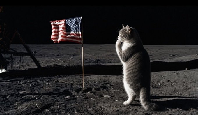 A gray and white cat standing upright on its hind legs on a barren landscape, appearing to salute an American flag planted in the ground, with what looks like a lunar lander in the background.