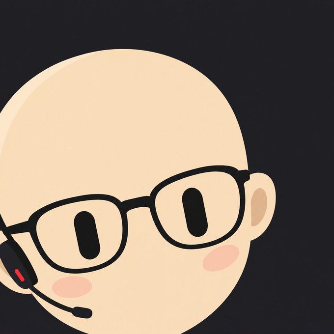 A cartoon avatar illustration of a bald character with large glasses and a headset with a red indicator light.