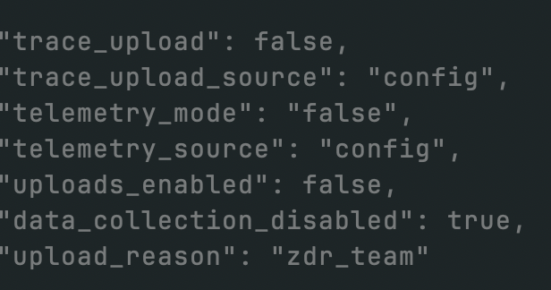 The image shows a configuration snippet with telemetry settings disabled, including `"trace_upload": false`, `"uploads_enabled": false`, and `"data_collection_disabled": true`, with the `"upload_reason"` set to `"zdr_team"`. This visual evidence supports the post's claim about xAI's panic-mode response, demonstrating their implementation of zero data retention (ZDR) measures by disabling upload capabilities and data collection in their configuration.