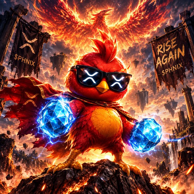 A dramatic digital artwork of a fierce red bird mascot wearing sunglasses with X-shaped eyes, a golden phoenix behind it, holding two glowing blue geometric crystals, with banners reading "SPHNIX" and "RISE AGAIN SPHNIX".