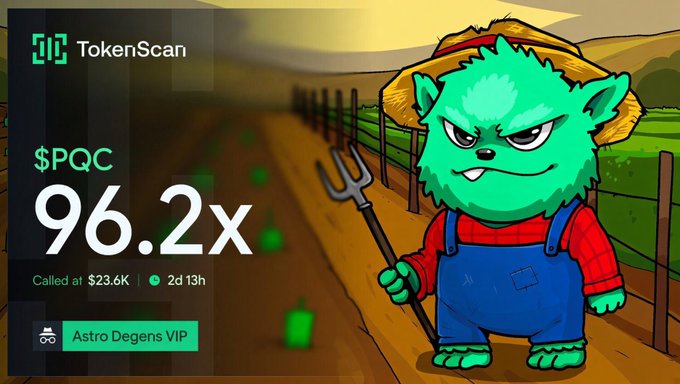A TokenScan graphic featuring a green farmer goblin holding a pitchfork, displaying $PQC at 96.2x, called at $23.6K with 2d 13h remaining, tagged Astro Degens VIP.