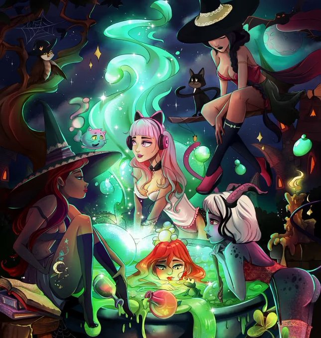 A vibrant digital illustration of several anime-style witch characters gathered around a glowing green cauldron with magical smoke, accompanied by black cats against a starry night background.
