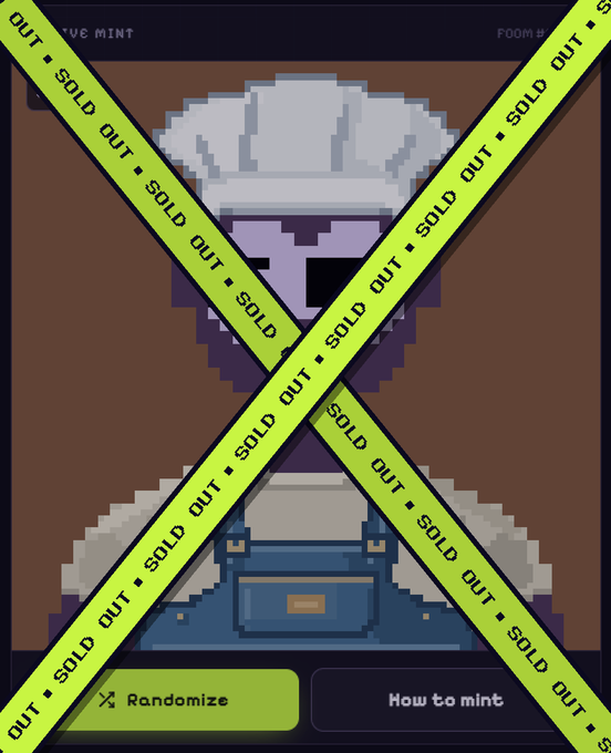 Pixel art of a chef character with a "SOLD OUT" warning tape overlay and a "Randomize" button.