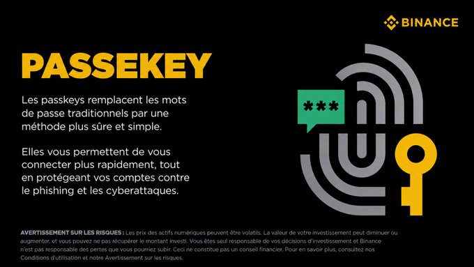 A Binance promotional graphic introducing "PASSEKEY," highlighting that passkeys replace traditional passwords with a secure and simple method, allowing faster logins while protecting accounts from phishing and cyberattacks. The image features a key icon, a password speech bubble, and a fingerprint design, aligning with the post's message of password-free, biometric-secured login for enhanced account protection.