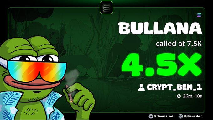 A promotional graphic featuring a Pepe the Frog character wearing colorful sunglasses and a Hawaiian shirt, advertising 'BULLANA' called at 7.5K with a 4.5x multiplier by CRYPT_BEN_1.