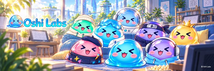 A group of colorful, smiling slime characters wearing various accessories (crowns, beanies, headphones, headbands) are gathered together in a cozy living room setting, alongside the "Oshi Labs" logo in the top left corner. The image visually represents the "Smart Pocket" collectible game mentioned in the post, showcasing the adorable, Japanese-inspired blockchain-native IP characters that users can collect and play with.