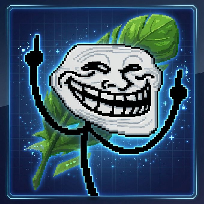 A pixel-art style illustration of the 'Trollface' meme character with a wide grin and stick-figure arms raised, set against a blue starry background with green leaves behind it.