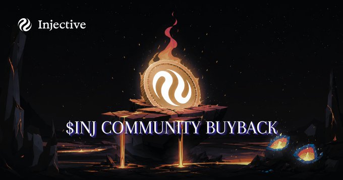 A fiery golden INJ coin sits atop a volcanic platform with molten lava, promoting the "$INJ Community BuyBack" program alongside the Injective logo, visually emphasizing the token burn mechanism that destroyed 43,500 INJ (~$200,000) from circulation this month.