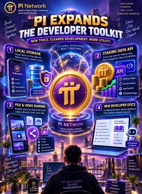 The image promotes **Pi Network’s developer toolkit expansion**, highlighting four new capabilities: **1) Local Storage**, **2) Staking Data API**, **3) File & Video Sharing**, and **4) New Developer Docs**. It emphasizes that Pi is adding **new tools, clearer documentation, and more utility** for developers building in the Pi ecosystem.