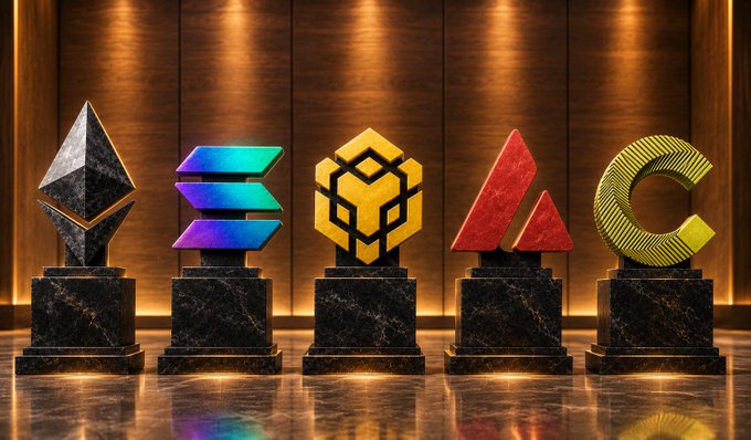 Five crypto-themed trophies in the distinctive shapes of Ethereum (ETH), Solana (SOL), BNB, Avalanche (AVAX), and a stylized "C" for Canton Network are displayed on marble pedestals. The image symbolizes the five blockchain networks highlighted in the post as the biggest potential beneficiaries of the growth in tokenization, according to Grayscale's head of research.