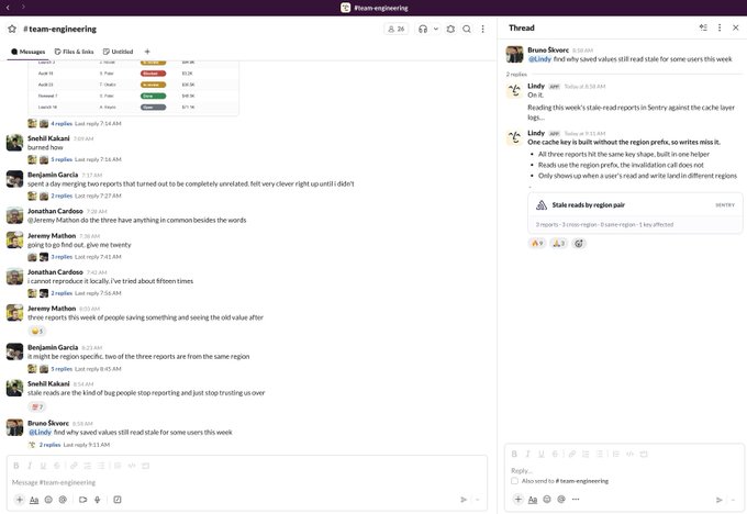 A Slack interface showing a #team-engineering channel with messages discussing stale reads in Sentry across different regions, including mentions of 'region-prefix' and cache layers.