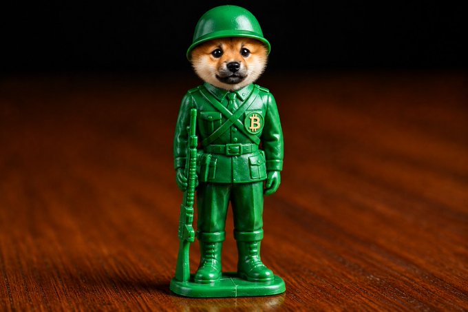 A small doge figurine dressed in a green soldier uniform with a helmet, rifle, and a "B" insignia on its chest stands on a wooden surface. The toy soldier aesthetic pairs with the "$DOG army" post to humorously frame the Shiba Inu-themed crypto token as a loyal, battle-ready investment.