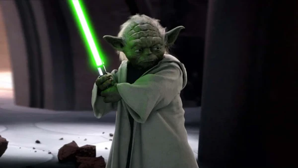 A green-skinned Yoda wielding a green lightsaber stands in a fighting stance within a dimly lit chamber, visually echoing the post's metaphor comparing fintech figures to Jedi masters, with Yoda representing the ultimate "master" referenced in the caption.