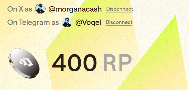 The image displays a digital interface showing account connection options for X (as @morganacash) and Telegram (as @Vogel), both with "Disconnect" links, alongside a "400 RP" reward and a cryptocurrency-style coin icon. This visually relates to the post by highlighting a referral rewards system, where users can connect their social accounts to earn 400 RP tokens by joining the RayCash platform.