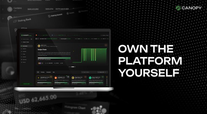A promotional advertisement for Canopy platform showing a laptop displaying a trading interface with charts and sweep chain data, alongside the tagline "OWN THE PLATFORM YOURSELF".