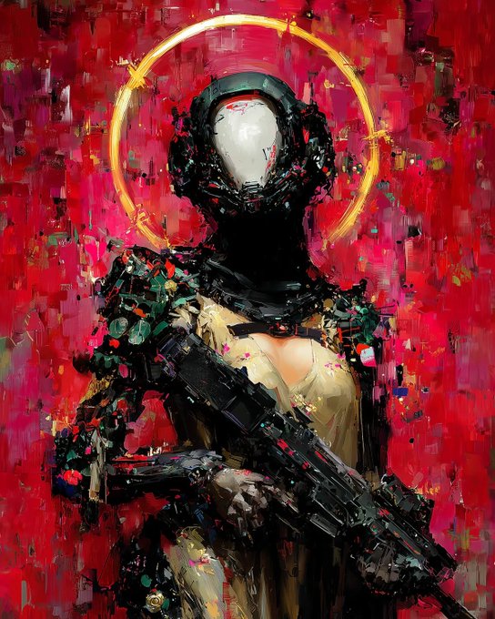 A vibrant, abstract digital painting depicts a figure wearing a black helmet with a golden halo against a red background, holding what appears to be a rifle.