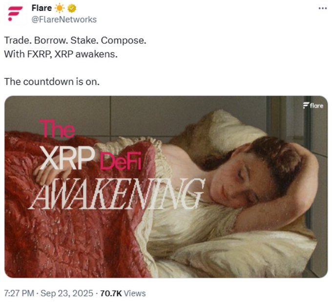 A tweet from @FlareNetworks reading 'Trade. Borrow. Stake. Compose. With F XRP, XRP awakens. The countdown is on.' features a classical painting-style image with the text 'The XRP DeFi AWAKENING' overlaid on a reclining woman.