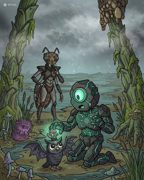 An underwater digital artwork showing a humanoid figure with a glowing green eye holding a glowing crystal, accompanied by an anthropomorphic cat with wings, surrounded by seaweed.