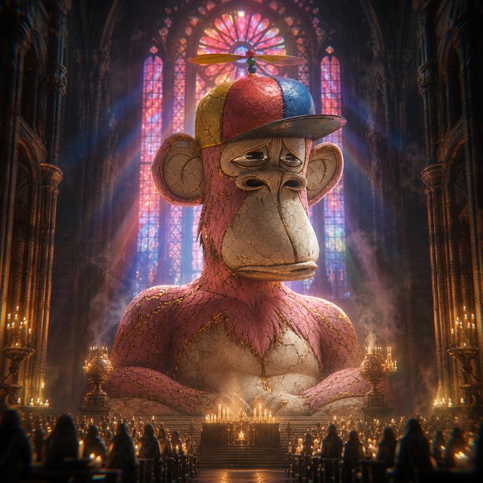 A digital artwork of a cracked, weathered monkey statue wearing a propeller hat inside a gothic cathedral with stained glass windows and candles.