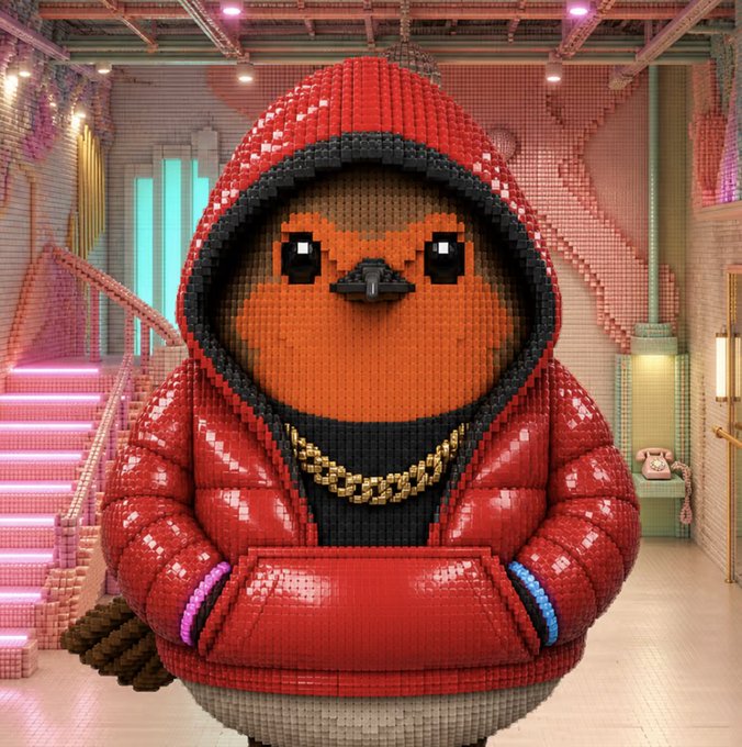A pixelated LEGO-style bird character wearing a red puffer jacket, gold chain, and hoodie stands in a neon-lit interior, serving as a visual mascot for the "@RobertCoinRH" crypto post celebrating a 3x floor price surge to 0.12 ETH and taunting skeptics ("Did you fade me again Anon?").