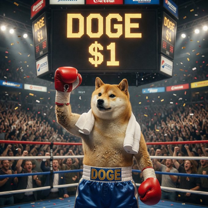A triumphant Shiba Inu wearing red boxing gloves stands victorious in a packed arena, with a digital scoreboard above displaying "DOGE $1" as confetti rains down, perfectly celebrating the post's claim of DOGE reaching the $1 milestone.