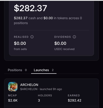 A mobile app screenshot showing portfolio earnings of $282.37 in cash and $0.00 in tokens across 0 positions, with realized $0.00 from sells and dividends $0.00 USDC received, displaying a 'Launches' tab showing 'ARCHELON' (SARCHELON) launched 9h ago with MCAP $2.6K, 3 holders, and $292.42 earned.