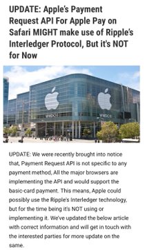 An article update stating Apple's Payment Request API for Apple Pay on Safari MIGHT use Ripple's Interledger Protocol, but it's NOT for now, with a photo of an Apple Park building.