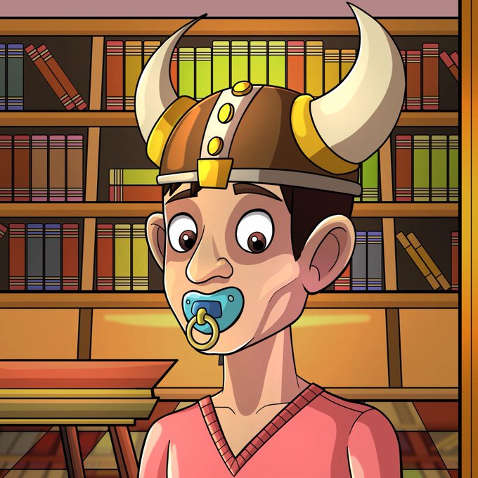 A cartoon illustration of a wide-eyed man wearing a viking helmet with horns and a blue pacifier, standing in front of bookshelves filled with books.