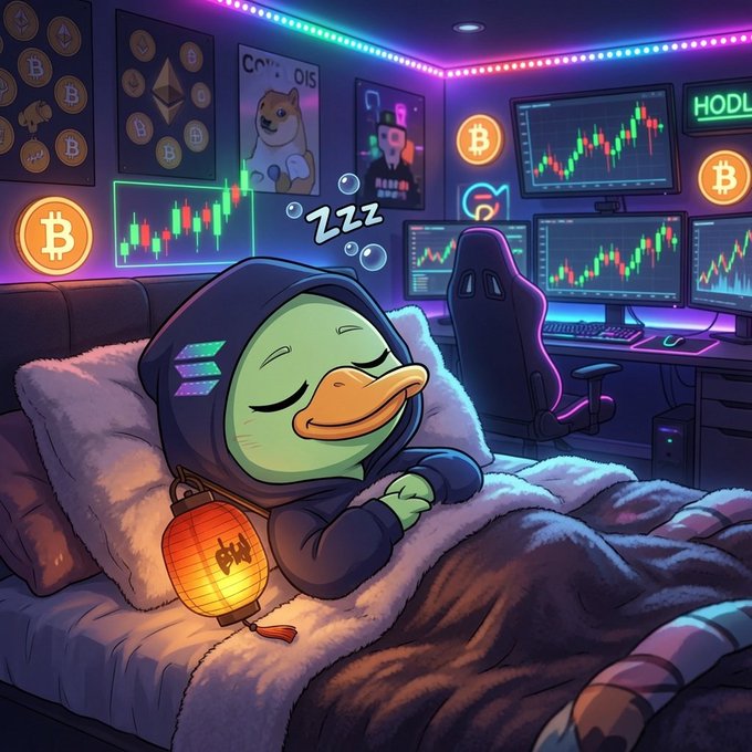 The image features a cartoon duck sleeping peacefully in bed, with a lamp next to it providing light. There are also several Bitcoin logos displayed around the room, indicating that this might be an office or workspace related to cryptocurrency trading. The presence of these Bitcoin logos suggests that the person who created the artwork is interested in Bitcoin and its potential for financial gain.

The post about the new @wallchain campaign seems to be promoting a new cryptocurrency-related product or service. This could be a way for the artist to showcase their work while also staying up-to-date with the latest trends and developments in the world of cryptocurrencies.