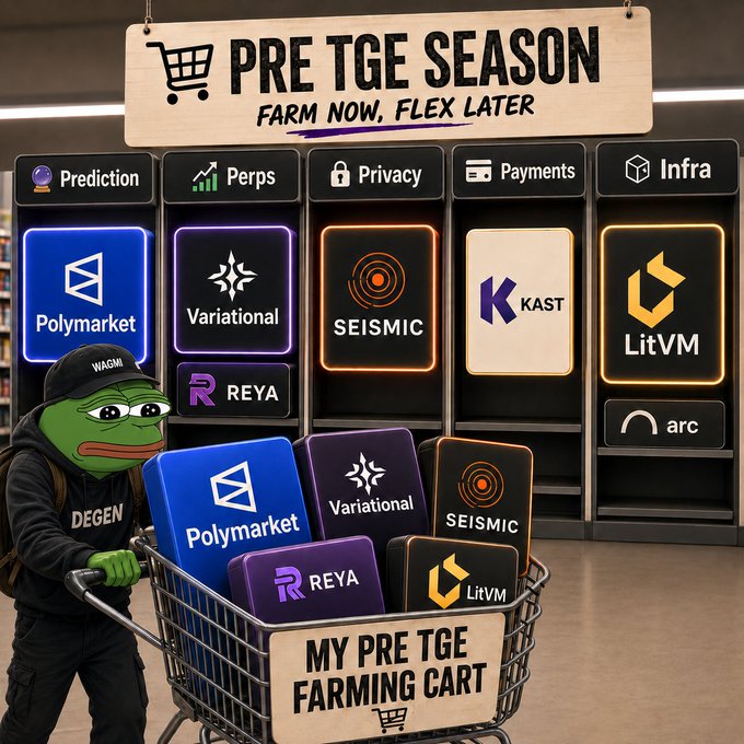 The image features a person holding a shopping cart filled with various items such as boxes of merchandise and a sign that says "Pre TGE season". The person appears to be a farmer who has just purchased some products for their farm. The image also includes text about farming projects, which suggests that the farmer is involved in agricultural activities or planning to start one.