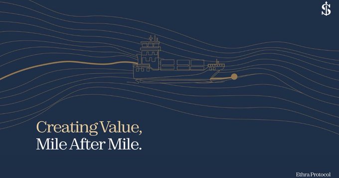 A dark blue graphic for Ethra Protocol featuring a gold line-art illustration of a ship with the tagline 'Creating Value, Mile After Mile.'