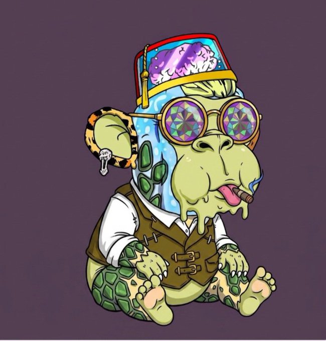 A cartoon illustration shows a baby-like creature with turtle-like green skin, wearing a brain-filled jar on its head, kaleidoscope sunglasses, and a brown vest.