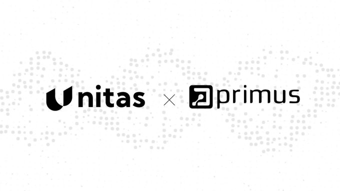 A promotional graphic displaying the logos for "nitas" and "primus" separated by an "x" symbol over a dotted gray background pattern.