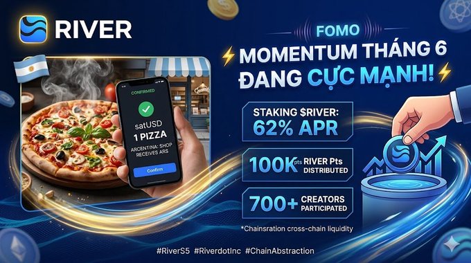 The image features an advertisement for a pizza shop that has been featured on social media. A person's hand holding up a cell phone with a pizza picture displayed on it, along with text about the app "RIVER" and its features. The text also mentions that the app is available in multiple languages, including Vietnamese. The post highlights how the app can be used to buy real pizza from a shop in Argentina, showcasing the convenience of using the app for purchasing food items.