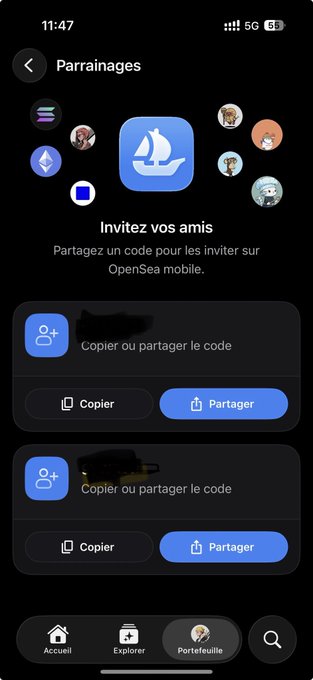 OpenSea mobile app referral screen in French titled 'Parrainages' inviting friends with 'Copier' and 'Partager' buttons.
