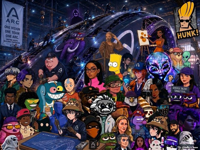 The image features a large group of people, including cartoon characters such as Winnie the Pooh, Bobo the Bear, and other well-known figures from popular culture. The scene takes place inside an arcade or a building with an escalator, creating a unique and colorful atmosphere. The post on social media has been tagged with the hashtag "arc" to indicate that it is related to this particular image.