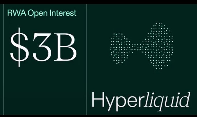 The image features two blackboards with white text written out on them, one reading "RWA Open Interest" and the other stating "$3B Hyperliquid". The background of both board displays a green and white color palette, but they are the primary focus in the scene. The message about "Real World Assets open interest has reached a new ATH of 3 billion US dollars Bullish on $HYPE" seems to be related to the content displayed on these boards.