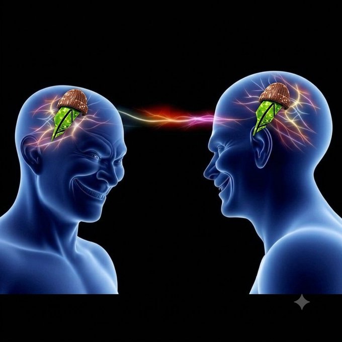 A surreal digital illustration showing two smiling human heads in blue facing each other, with acorns growing inside their exposed brains and colorful energy streams connecting them.
