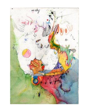 A colorful abstract mixed-media artwork with watercolor, ink, and pastel elements featuring whimsical shapes, squiggles, and figures on a white background with green and blue washes.