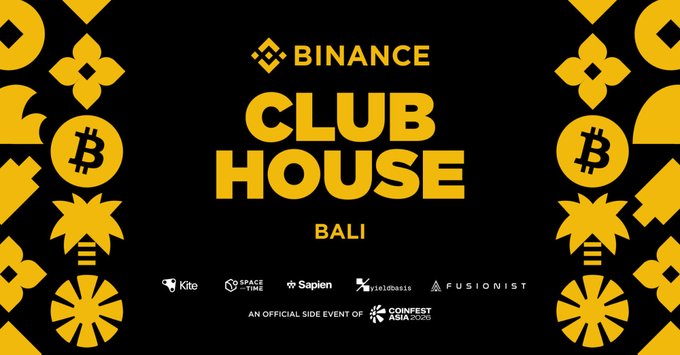 Event promotional banner for 'BINANCE CLUB HOUSE BALI' with yellow geometric and crypto-themed patterns on a black background, listing sponsors and noting it as 'AN OFFICIAL SIDE EVENT OF COINFEST ASIA 2026'.