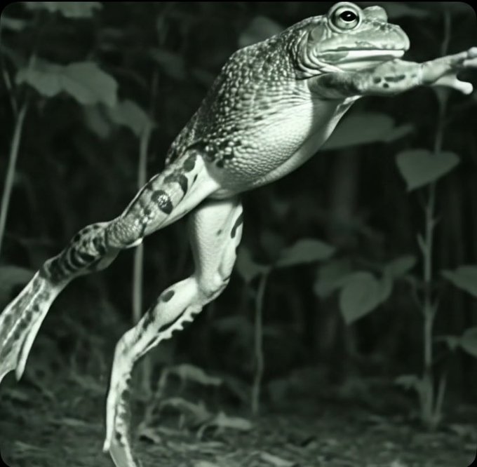 A frog is captured mid-leap in black and white, suspended in the air with its powerful hind legs fully extended and front limbs reaching forward. The dramatic image visually embodies the post's boast "I can leap higher," showcasing the frog's impressive jumping ability frozen in motion.