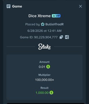 A screenshot of a Stake game notification showing a dice wager with a 100,000.00x multiplier that turned 0.01 (likely SC) into 1,000.00, placed by BullishTradR on 6/28/2026 at 12:41 AM, illustrating the claim of hitting the rare 100,000X max win on Degen Lab's Dice Xtreme.