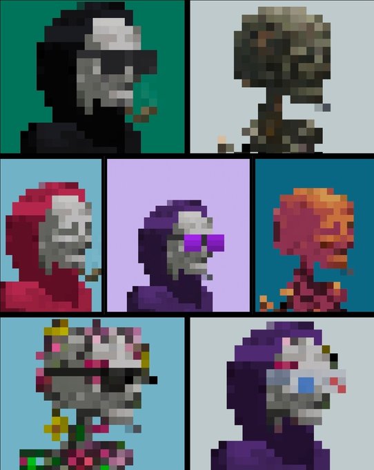 A collection of seven pixel art portraits of humanoid figures with skull-like faces wearing different colored hoods and accessories, displayed against various colored backgrounds.