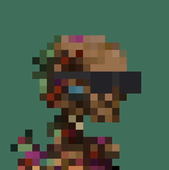 A heavily pixelated image shows a figure with a beard and a cap wearing sunglasses against a green background.