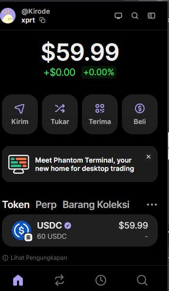 A screenshot of the Phantom wallet app shows a portfolio value of $59.99 for the account '@Kirode', featuring Indonesian menu options like 'Kirim', 'Tukar', 'Terima', and 'Beli'.